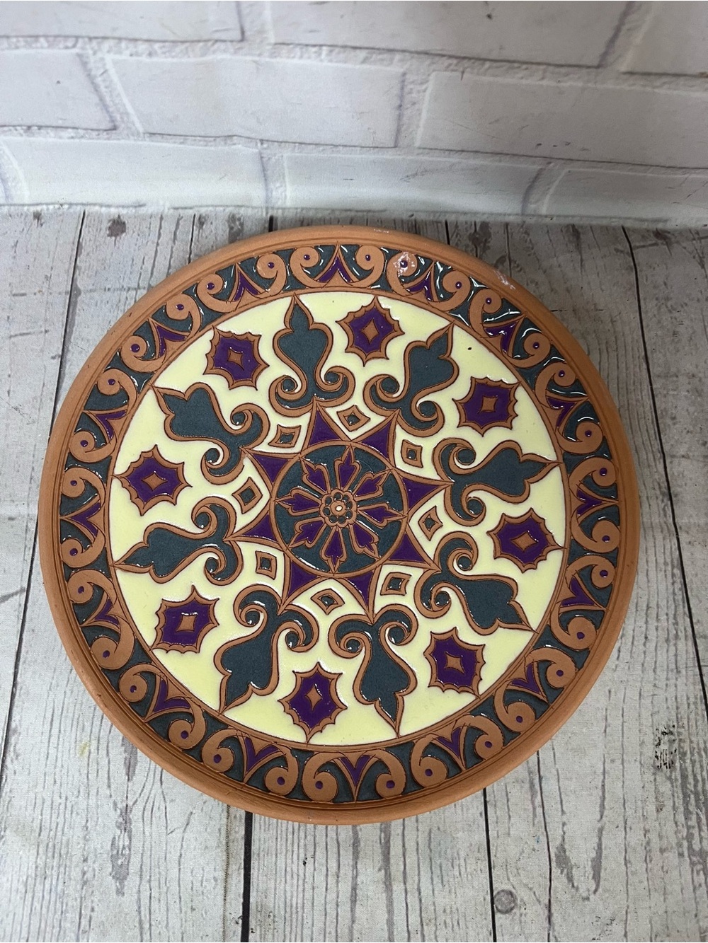 Greek Bonis Hand Painted Terracotta Plate Rhodes Enamel Geometric Boho Decor